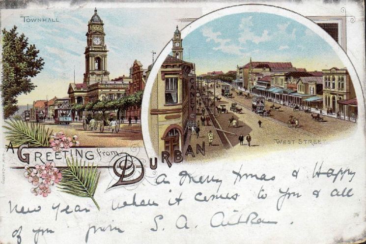 A Greeting Card from Durban showing West Street and the Town Hall