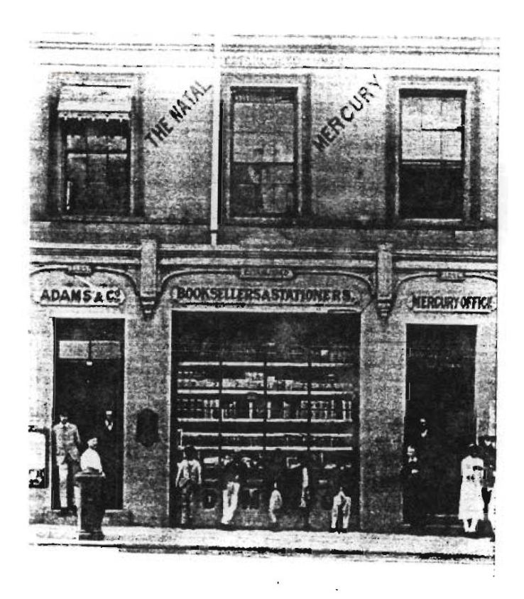 c1868. Offices of the Natal Marcury's 3rd home, corner of West Street and Marcury lane. Lower floor, Adam's Bookshop estab 1865.