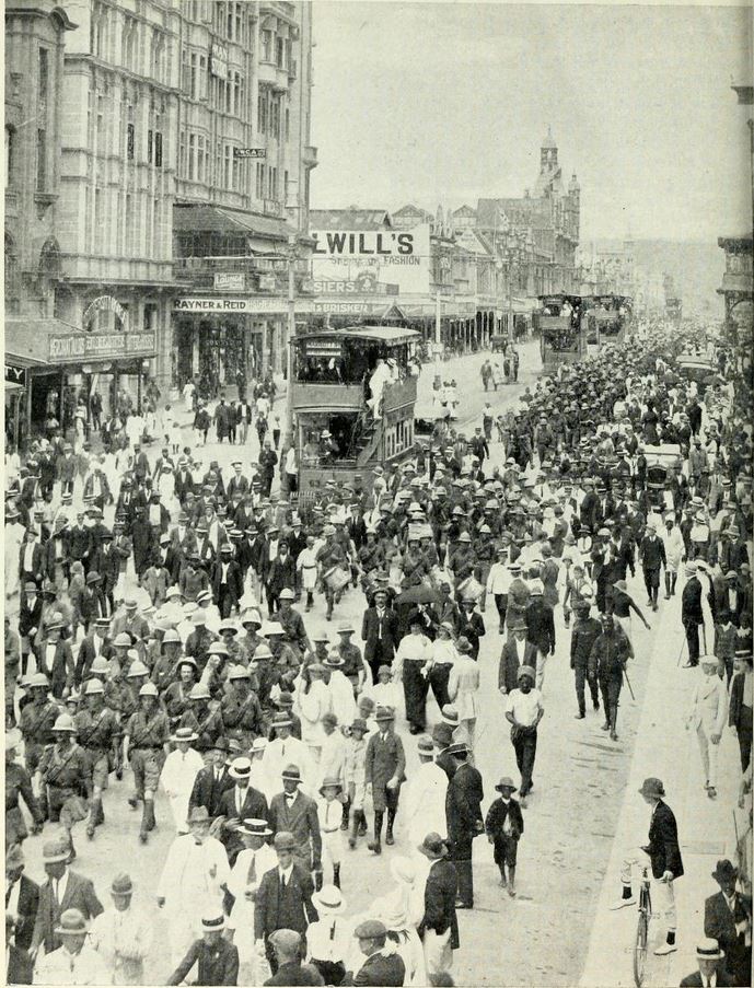 Troops destined for East Africa marching through Durban, West Street, 1914