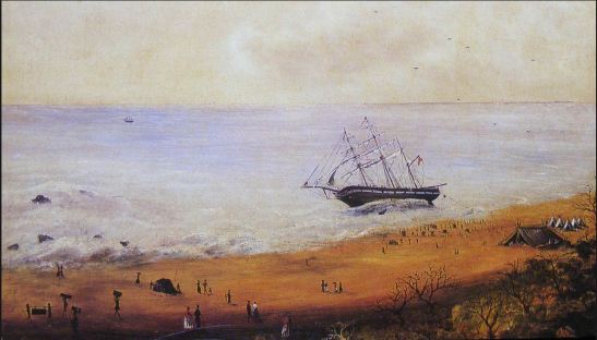A painting of the wrecking of the ship the 'Minerva' on the Bluff headland beach, Durban, 4 July 1850. Members of the Byrne Settlers to Natal were passengers on this ship and lost all their belongings