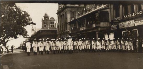 Cadets marching down Gardiner Street, Durban