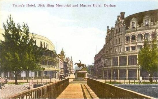 Gardiner Street from the Dick King Statue and Jetty with Twine's Hotel on the left and the Marine Hotel on the right, Durban