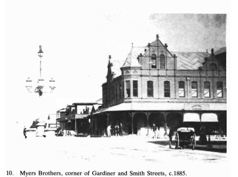 Myers Brothers Building, Corner of Gardiner and Smith Streets, c 1885