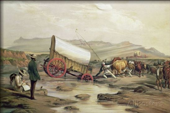 Thomas Baines, wagon crossing drift on the Klaass Smit River, 1852