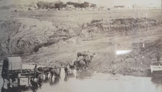 wagon, A Trekwagon and oxen crossing the Incandu River Drift, with Newcastle in the background