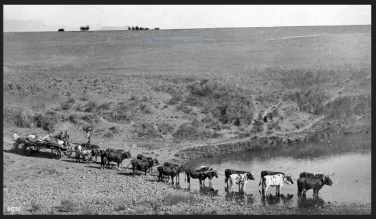 wagon crossing river, drakensberg